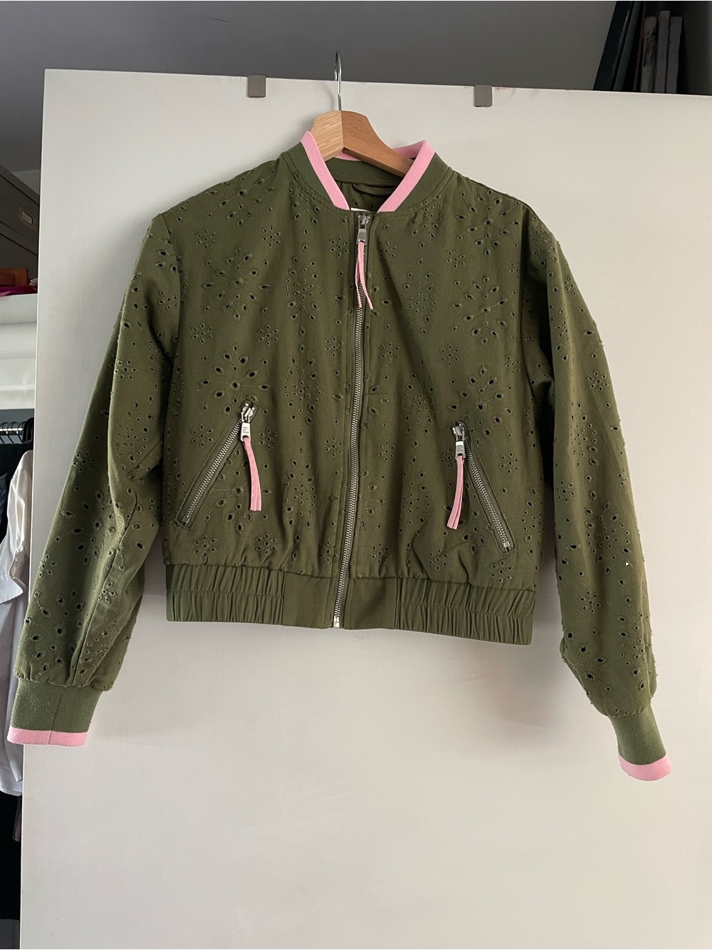 Avec Les Filles Olive Green Eyelet Bomber Jacket with Pink Trim